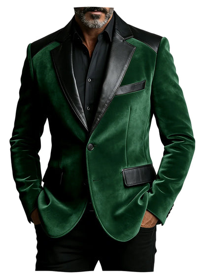 Men's Camel Velvet Blazer with Leather Patchwork Slim Fit Formal Casual Tuxedo Jacket Two-Tone Business Suit Coat