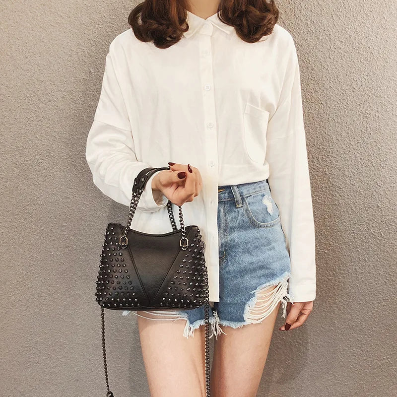 Studded Shoulder Bag for Women Leather Punk Style Rock Rivet Crossbody Bag Handbag with Chain Wallet Purse for Girls