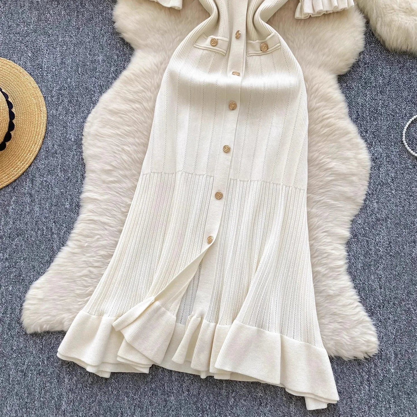 Brand Fashion Vintage Knitted Long Dress Spring Summer Women Elegant V-neck Ruffled Bodycon Sweater Dress Party Vestido