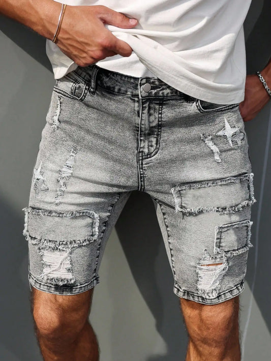 Men's Vintage Ripped Denim Shorts - Loose Streetwear