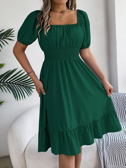 Spring Summer Elegant High Waisted Dress Square Neck Short Sleeved Ruffled Edge Long Dresses 2026 Valentine's Day Woman Clothing