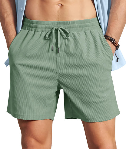 Men's Corduroy Texture Casual Shorts 6" Inseam for Summer Beach Vacation Elastic Waist Drawstring Lightweight Pockets