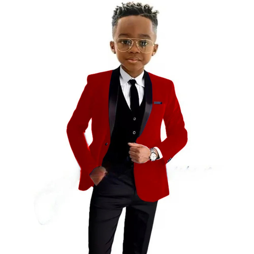 Christmas Boys Red Velvet Suits 3 Pieces Party Wear Formal Shawl Lapel Kids Suit Set Wedding Tuxedo Children's Stylish Tuxedo