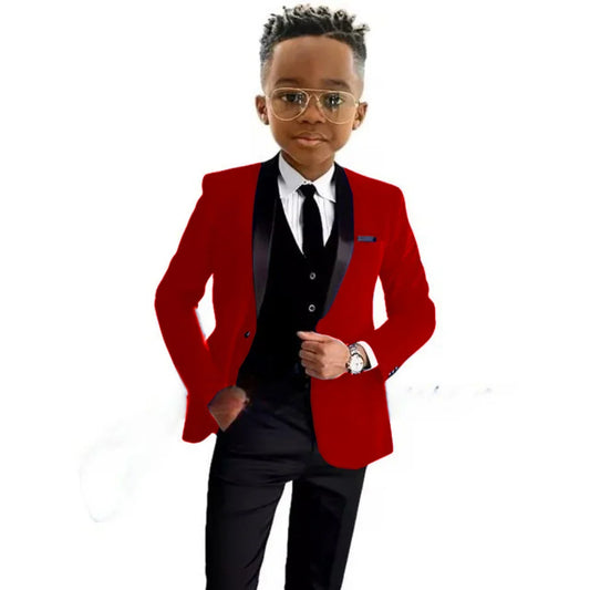 Christmas Boys Red Velvet Suits 3 Pieces Party Wear Formal Shawl Lapel Kids Suit Set Wedding Tuxedo Children's Stylish Tuxedo