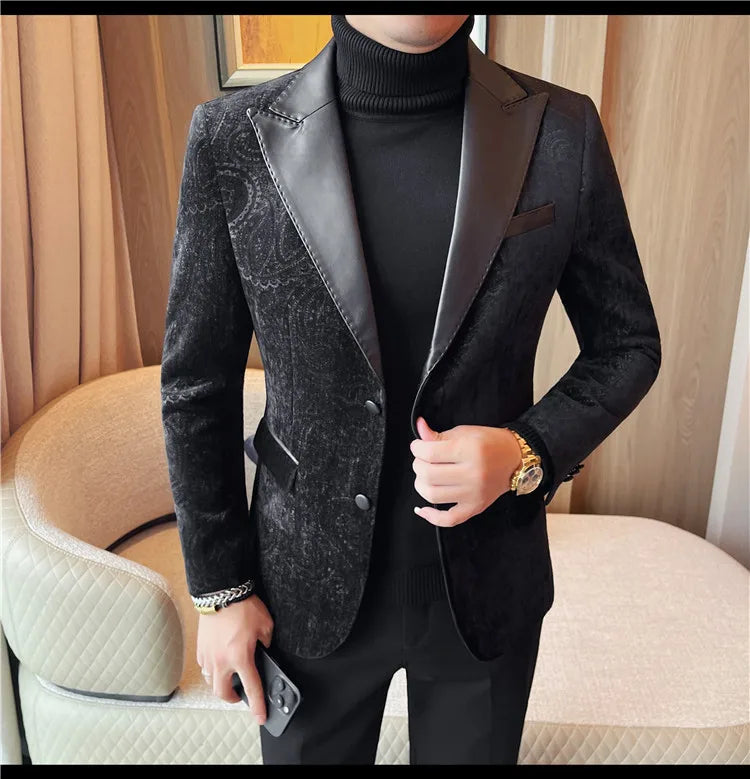 2025 Fashion Leather Neck Spliced Suit Jacket Luxury Men's Business Slim Fit Social Formal Blazers Coats Wedding Groom Tuxedos