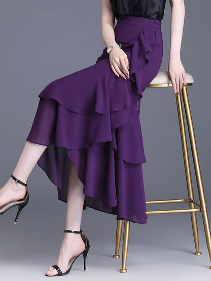 Fashion Irregular Fishtail Chiffon Skirts Elegant High Waist Summer Luxury Party Skirt Female Ruffles Long Skirts