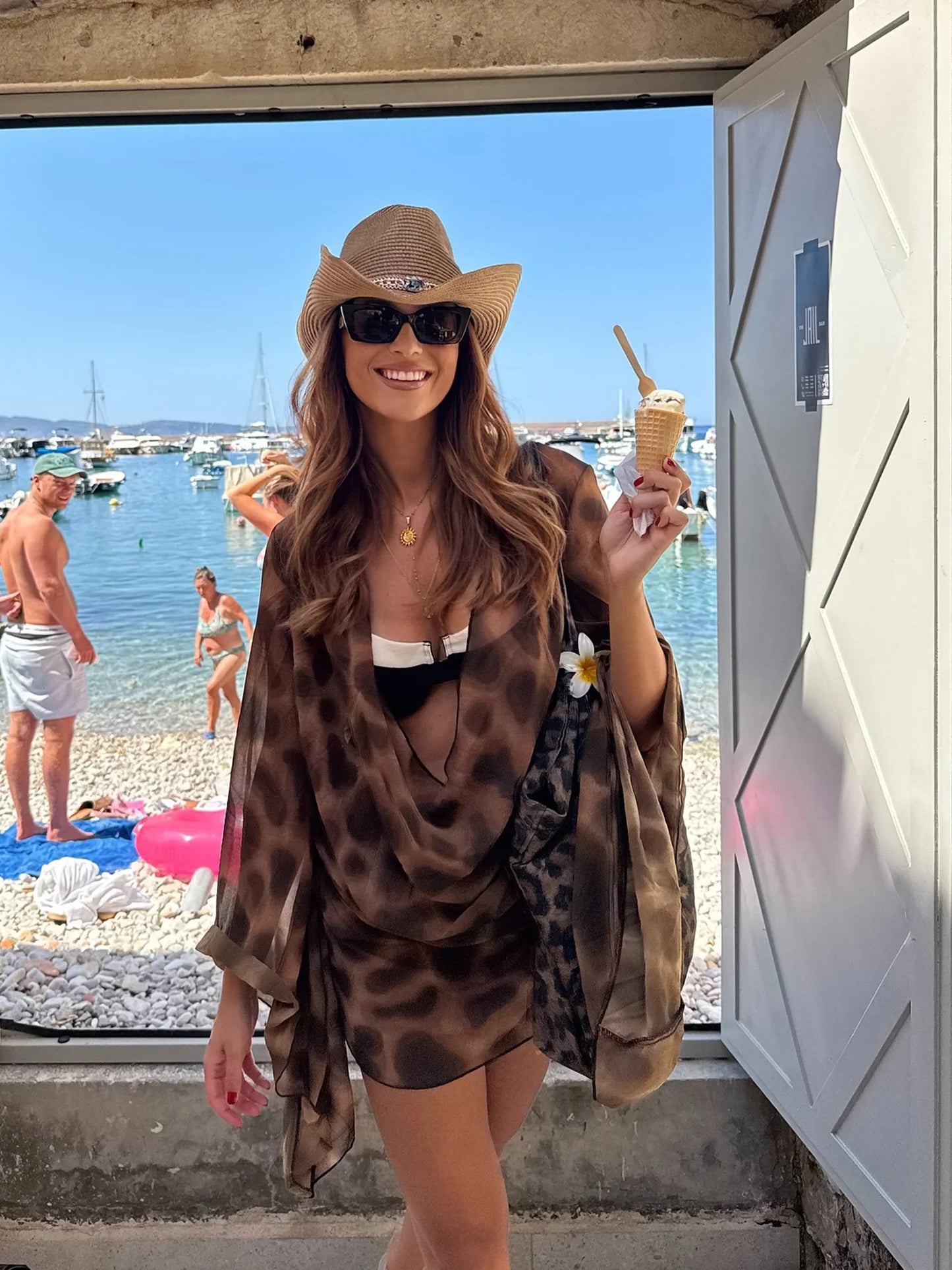 2025 Autumn Fashion Street Style Sexy Low-Cut Plunging Neckline Leopard Printed Flare Sleeve Women Beach Vacation Mini Dress C95
