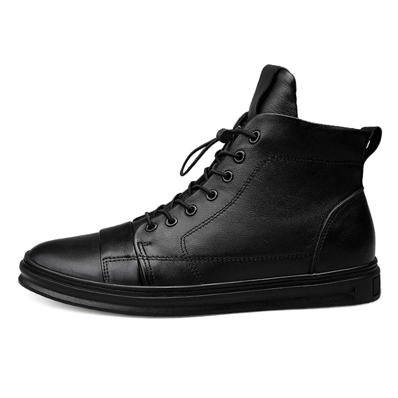 Winter Genuine Leather Boots Men Ankle Casual High Top Skateboarding Shoes Cow Leather Big Size 47 48