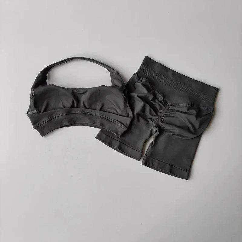 Sexy Halter Neck Beautiful Back High Waist Peach Sports Bras Shorts Suit Pilates Gathering Yoga Vest Training Fitness Bra Sets