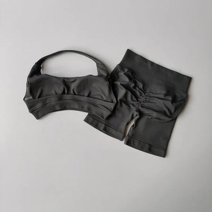 Sexy Halter Neck Beautiful Back High Waist Peach Sports Bras Shorts Suit Pilates Gathering Yoga Vest Training Fitness Bra Sets