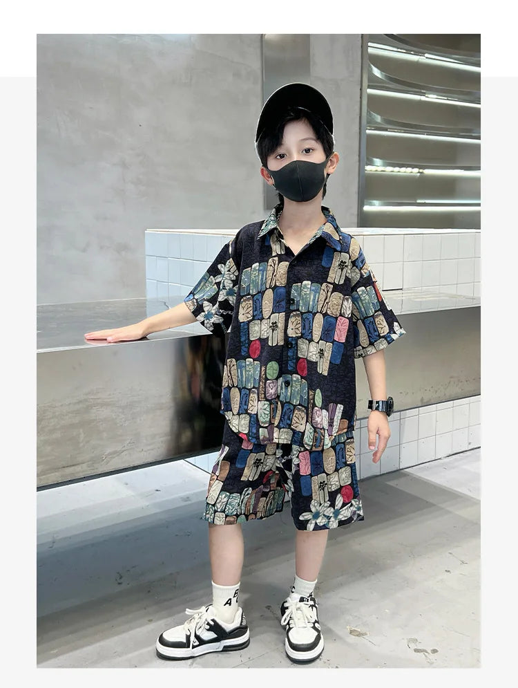 New Summer Kids Beach Clothes Set 2 Pieces Set for Boys Casual Shirt Short 2PCS Clothing Set Children Cool Vacation Outfit Suit