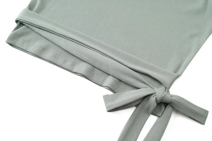 2024 woman clothing high Stretch ribbing closed-fit wrap tops + Matte Satin dress Maxi matching sets (ship out in 1 day)