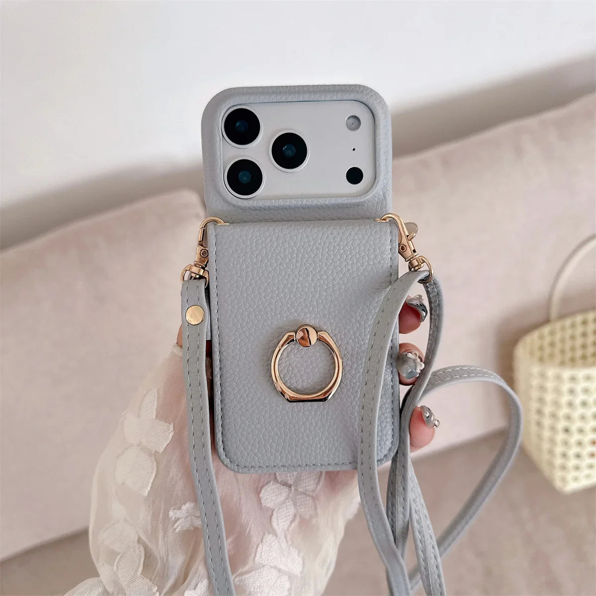 Crossbody Lanyard with Ring Card Holder Make up Mirror Wallet Phone Case for IPhone 17 Air 16E 15 14 Plus 13 12 11 Pro Max Cover