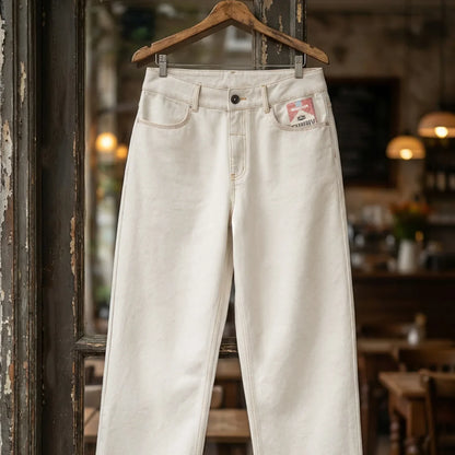 Men's Vintage Heavyweight Washed White Jeans Straight 100% Cotton CleanFit Casual Pants with Zip Fly for Spring and Autumn