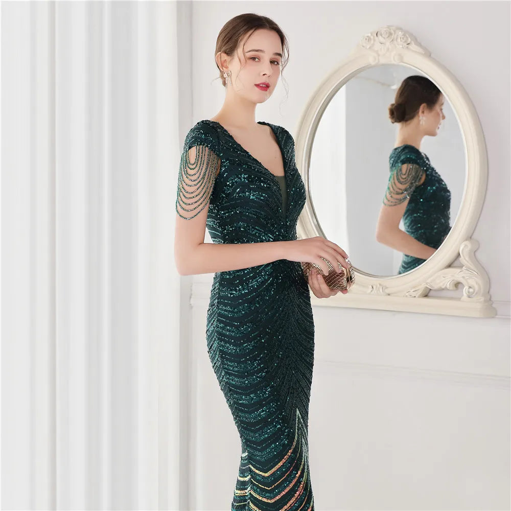 Elegant V Neck Mermaid Evening Dress Long Luxury Beads Women Evening Party Dresses 2025 New Formal Dress 19085