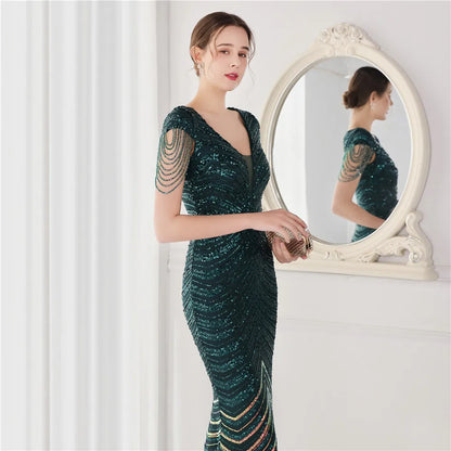 Elegant V Neck Mermaid Evening Dress Long Luxury Beads Women Evening Party Dresses 2025 New Formal Dress 19085