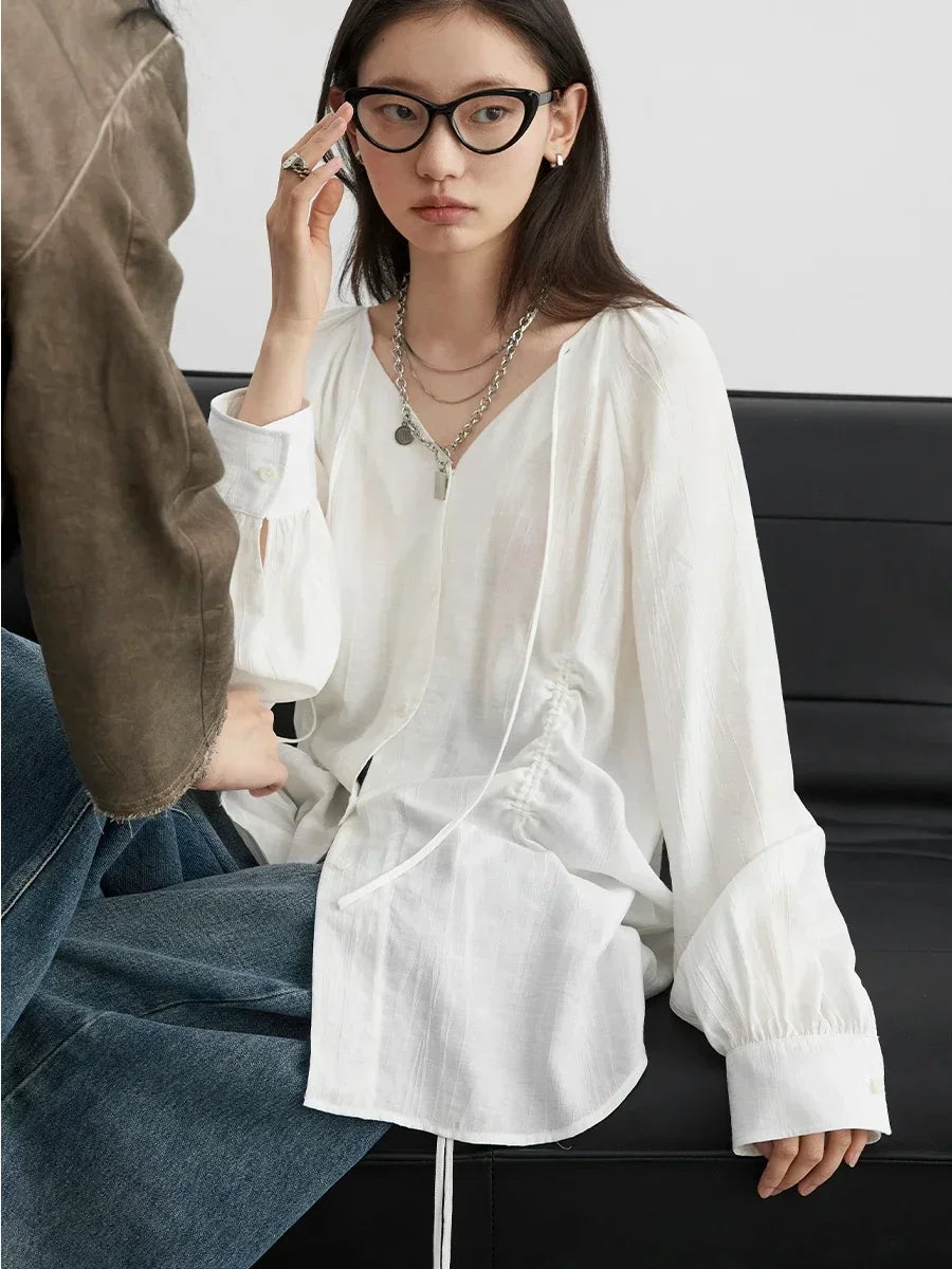 Women Loose Lace Up Shirt Solid New Korean V-neck Pleated Raglan Long Sleeved Blouses Female Tops Spring Summer 2026