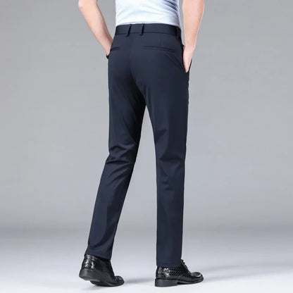 New Summer Men's Ice Silk High Stretch Business Suit Pants Male Army Green Blue Elastic Formal Office Straight Formal Trousers