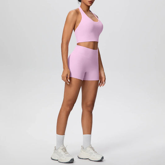 2picese Women Yoga Suit Solid Color High Waist Hip Push Up Fitness Shorts Sexy Pilates Backless Gym Hanging Neck Bra Yoga Set