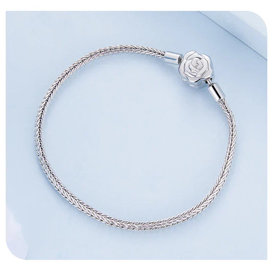 Bracelet Chaîne Serpent en Argent Sterling 925 avec Boucle Rose en Zircon pour Femmes Breloque Perle DIY Bijoux Chic Cadeau BSB096