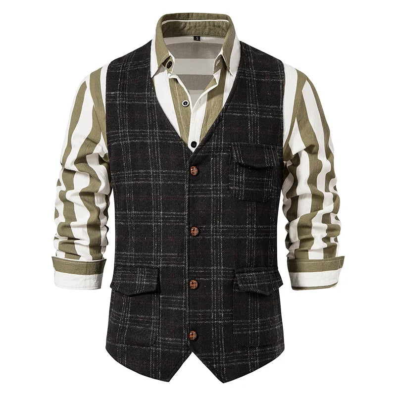 Suit Vest Men British Style Plaid Single-breasted Pocket Man Waistcoat Business Casual Slim Sleeveless Male Vest