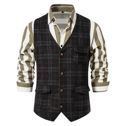 Suit Vest Men British Style Plaid Single-breasted Pocket Man Waistcoat Business Casual Slim Sleeveless Male Vest