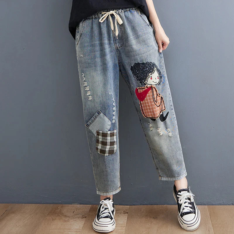 Elastic Waist Patchwork Embroidered Denim Harem Pants Women's Loose plus Size Fat MM Nine-Piece Cabbage Pants Autumn Season