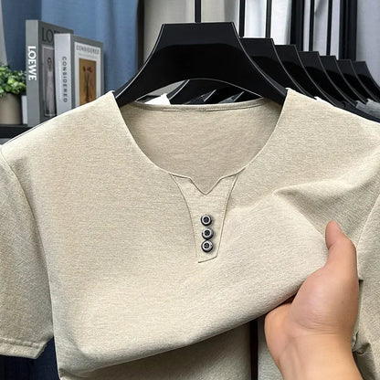2026 New Men's Business Casual Three Button V-neck Short Sleeved T-shirt Korean Style Summer Comfortable Versatile Top