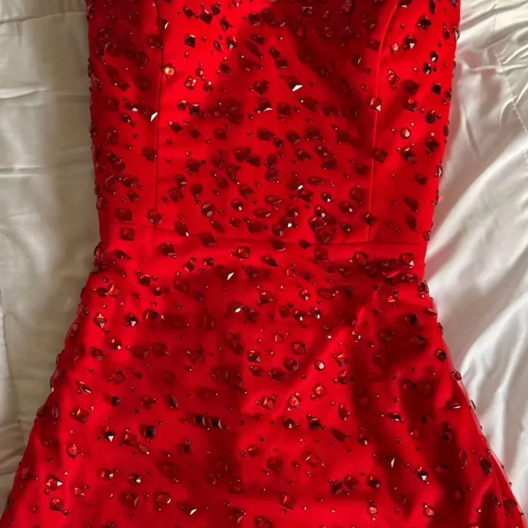 Customized Women Red Strapless Prom Dress Sequin One-Shoulder Cape vestidos de noche Mermaid Maxi Formal Evening 2025