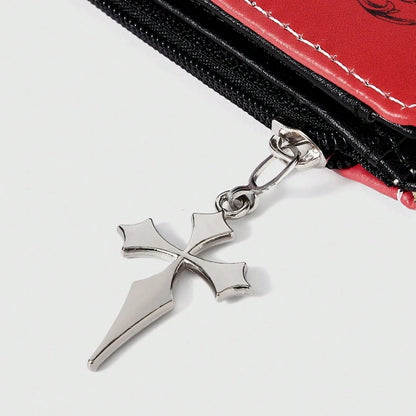 Gothic Red Unisex Wallet, Punk Cross Pattern Design, Zipper Coin Purse & Fashion Card Holder for Casual Daily Use