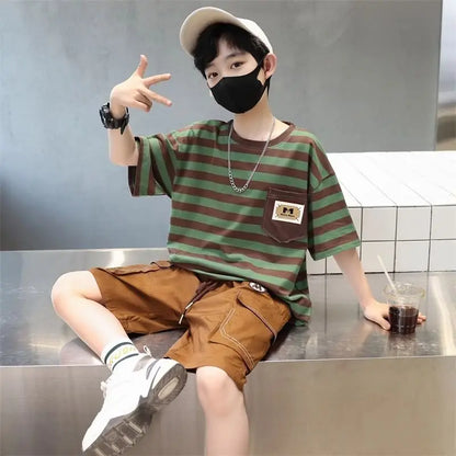 Stripes Children's Outdoor Clothes 4 Years Clothing Suit for Kids Boys Top Bottom Set Junior Shorts Summer Boy Child T-shirt 7 8