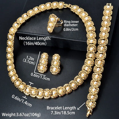 Dubai Luxury Quality Jewelry Set For Women Trend Pearl Necklace Bracelet Ring Earrings Jewelry Set 18k Gold Plated Jewelry