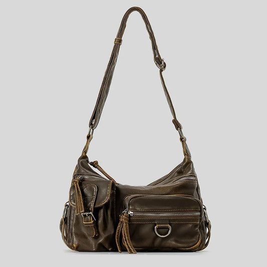 Vintage Multiple Pockets Women Shoulder Bags Luxury Washed Pu Leather Crossbody Bag Retro Motorcycle Bag Y2K Sac for Girls 2026