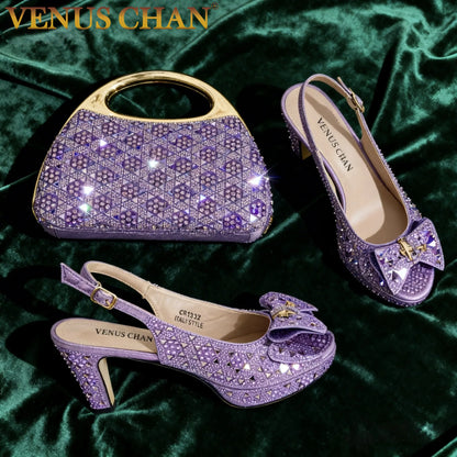 Chic Light Purple Rhinestone Peep-Toe High Heel Sandals and Bag Set for Women –Elegant Italian Party Shoes Perfect for Weddings