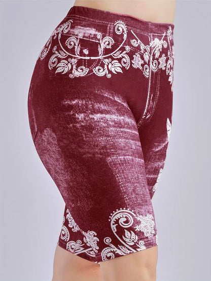 Lmitation Denim Leggings For Women Butterfly Waist Fruit Flower Elastic Shorts High Waist Casual