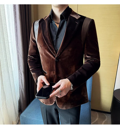 Leather Splicing Mercerized Velvet Suit Jacket 2025 Autumn New Men's High-end Business Slim Fit Fashion Party Tailcoat 4XL-M