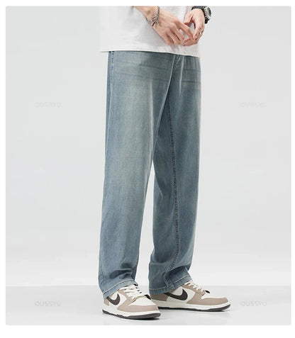 New Summer Thin Soft Lyocell Fabric Men's Jeans Classic Straight Denim Pants Work Wide Leg Casual Trousers Male Big Size 40 42