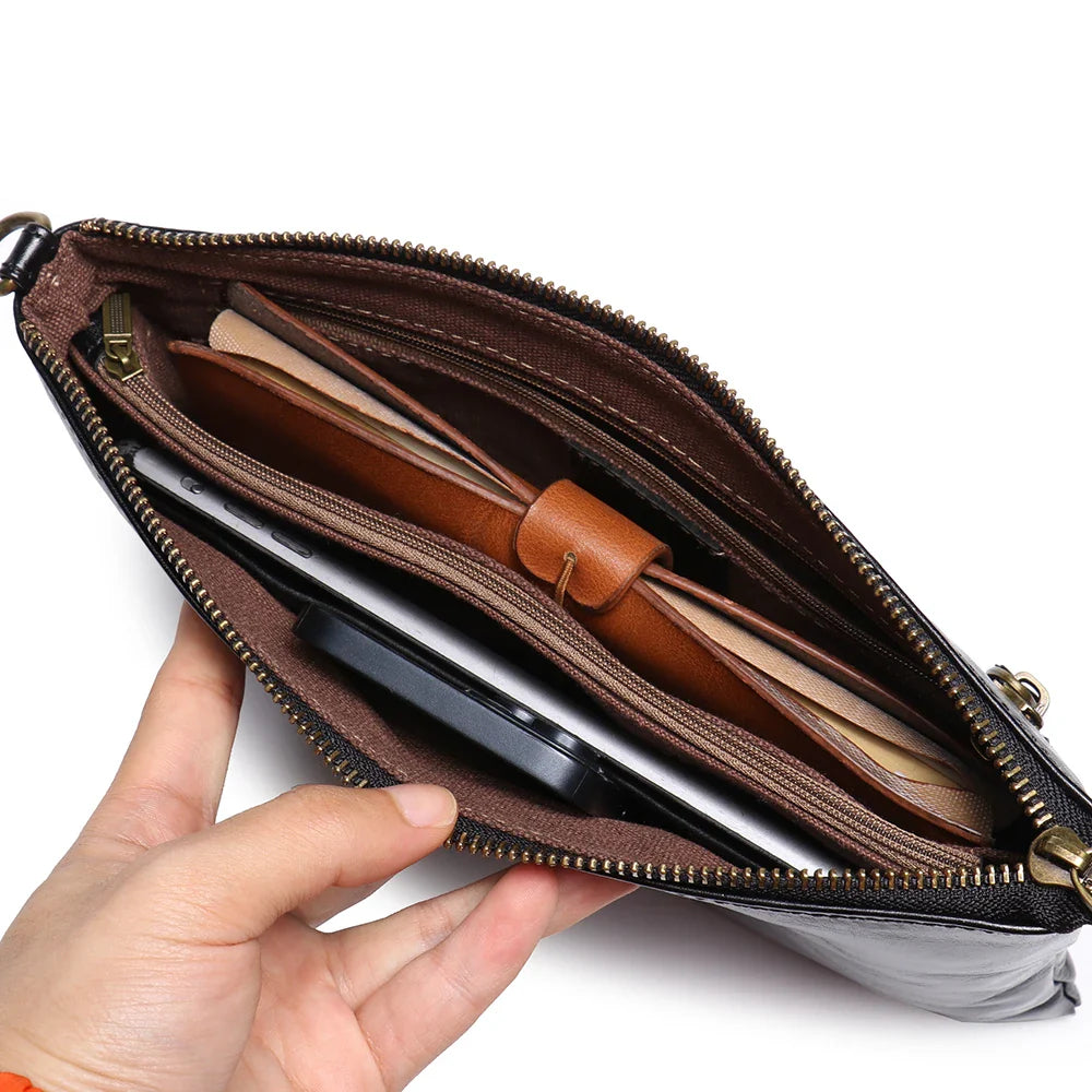 Timeless Vintage Leather Clutch Wallet - Luxurious Genuine Leather, Secure Zipper, Stylish Wristlet for Women