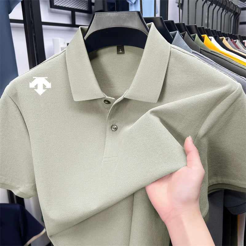 100% men's summer luxury brand polo shirt lapel geometric printing short sleeves t-shirt outdoor leisure men clothing tops