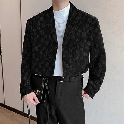 Men Blazer Flower Jacquard Lapel Long Sleeve Crop Coats Men Streetwear Autumn 2025 One Button Fashion Casual Male Suit