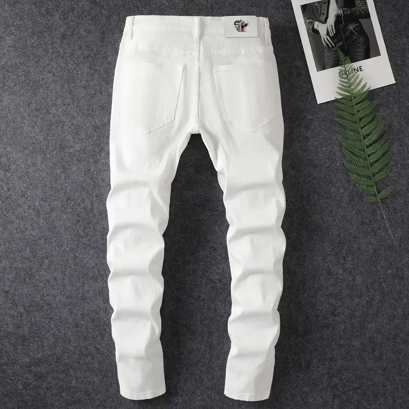 White Jeans Men's Cotton Skinny Elastic Ripped Hole Fashion Korean Denim Pants Rock Slim Trousers Hip-hop Streetwear