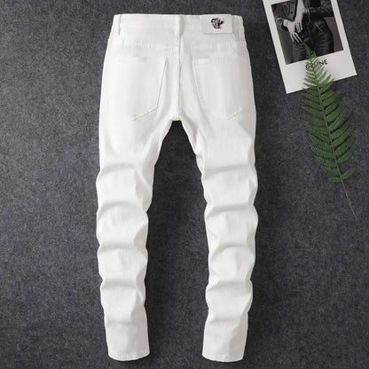 White Jeans Men's Cotton Skinny Elastic Ripped Hole Fashion Korean Denim Pants Rock Slim Trousers Hip-hop Streetwear