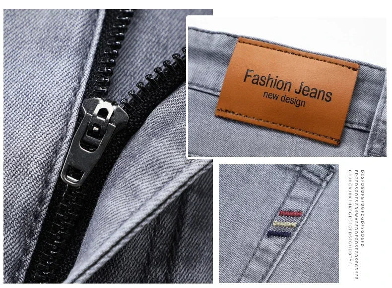 Summer Brand Men's Fit Straight Lightweight Cotton Stretch Jeans Business Casual High Waist Thin Light Grey Jeans mens pants