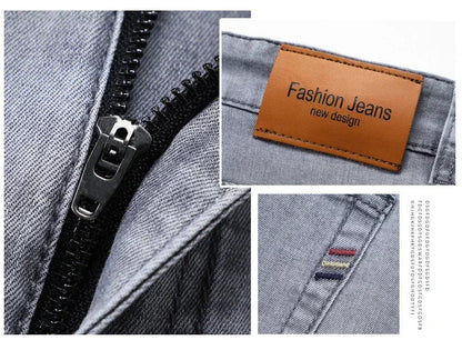Summer Brand Men's Fit Straight Lightweight Cotton Stretch Jeans Business Casual High Waist Thin Light Grey Jeans mens pants
