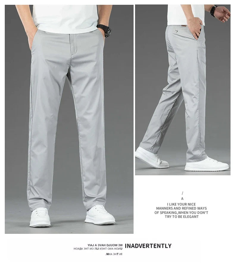 Spring Summer New Men's Casual Pants Thin Mulberry Silk Soft Business Casual Trousers Slim Straight Elastic Suit Pants Male