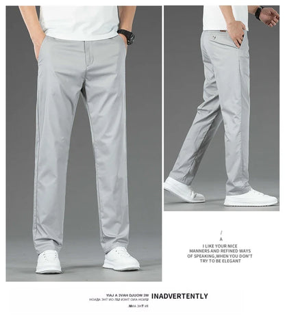 Spring Summer New Men's Casual Pants Thin Mulberry Silk Soft Business Casual Trousers Slim Straight Elastic Suit Pants Male