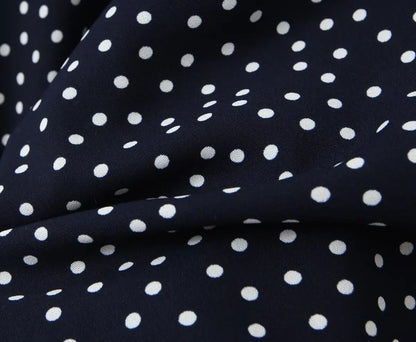 2025 Women Navy Blue Polka Dot Long Dress Lace Trim V Neck Short Sleeve A-line Elegant Holiday Dresses Summe Maxi Robe