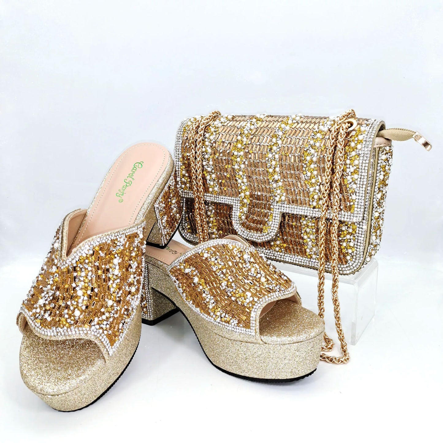 Italian Design Fashion Crystal Fish Mouth High Heels Elegant, Exquisite, And Mature Women's Sandals And Square Bag Set