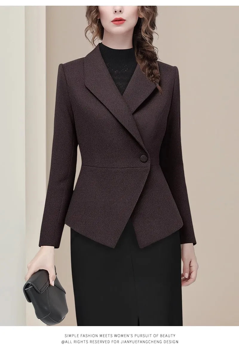 Elegant Lapel Collar Women' Brown Herringbone Tweed Topcoat Slim Short Style Work Office Blazer