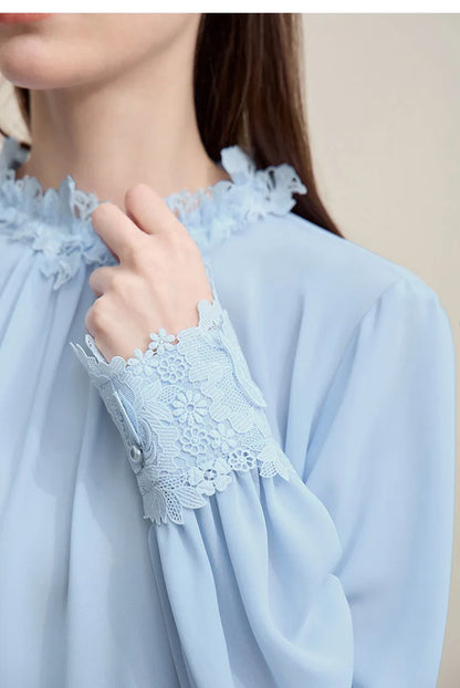 Women's Blouse 2026 Autumn New Elegant Commuter Lace Splicing Chiffon Shirt O-Neck Loose Pullover Tops For Woman 12621067